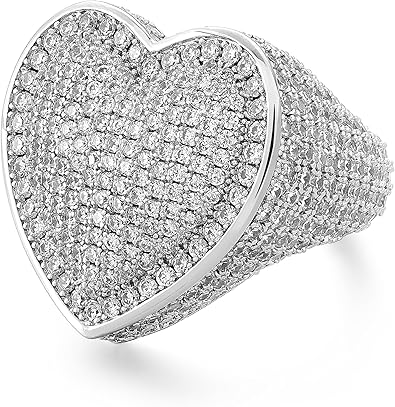 Street Fashion Rings - 925シルバーメッキ ビッグハート フルマイクロパヴェ アイスアウト ブリンブリン キュービックジルコニア