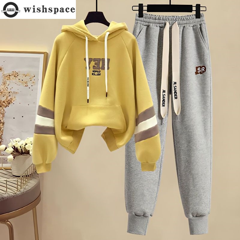Street Fashion Korean - 春と秋の女性用スポーツセット新しい韓国語バージョンカラーブロッキングフード付きトップカジュアルパンツ年齢軽減ツーピースセット