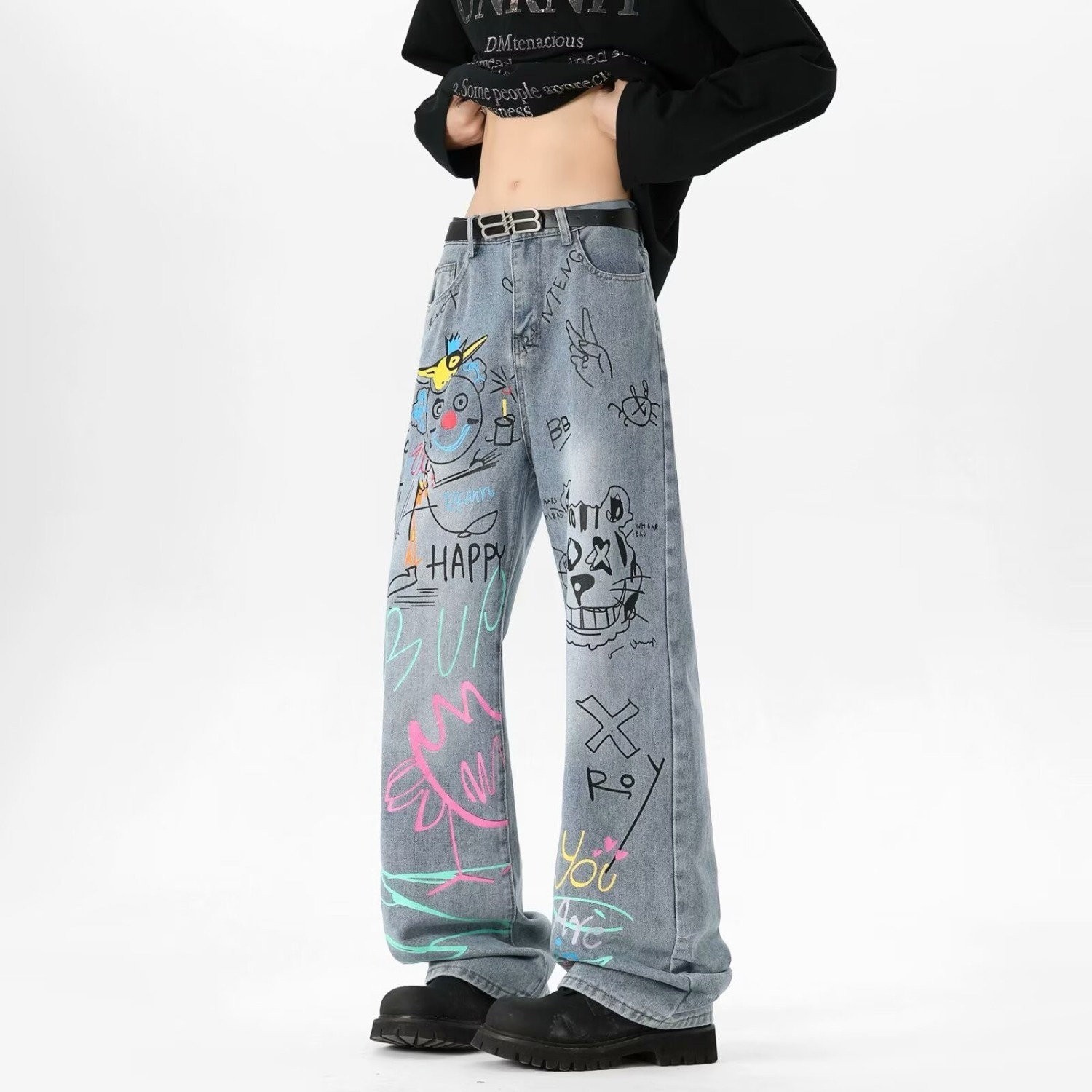 Street Fashion Style Male - 男性グラフィティストレートレッグジーンズアメリカンスタイルハイストリートヴィンテージルーズプラスサイズデニムパンツファッション男性黒青ズボン