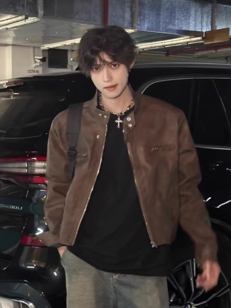Street Fashion Japan Brand - ハイストリートクールスタイルPUレザージャケットメンズショートデザインレトロブラウンファッショントレンドブランドカジュアルヴィンテージアウターコート新作秋