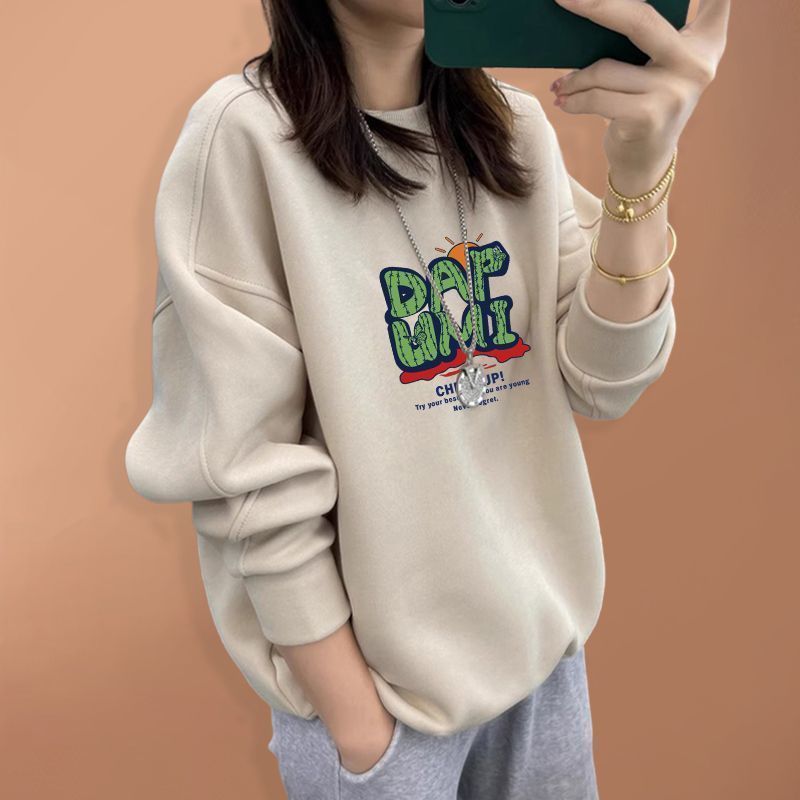 Oversized Crewneck Fleece - 2026秋冬オーバーサイズ純綿スウェットシャツ女性用フリース裏地付き厚手ルーズクルーネックレイジースタイルトップス