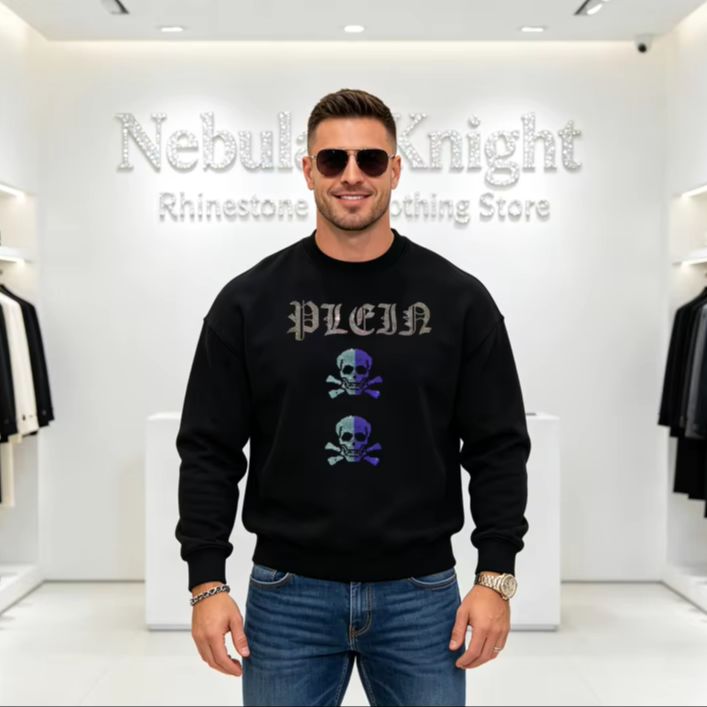 Oversized Crewneck Fleece - メンズオーバーサイズクルーネックラインストーンフリーススウェットシャツ冬用暖かいキラキラカジュアル長袖ストリートウェアプルオーバー