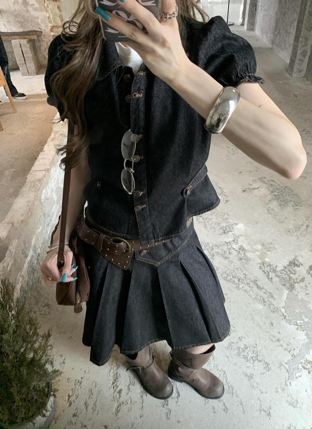 Street Fashion Korean - 女性用アメリカンヴィンテージ2ピースデニムセット Y2Kデニムジャケット ミニスカート レトロ 韓国風 エレガント