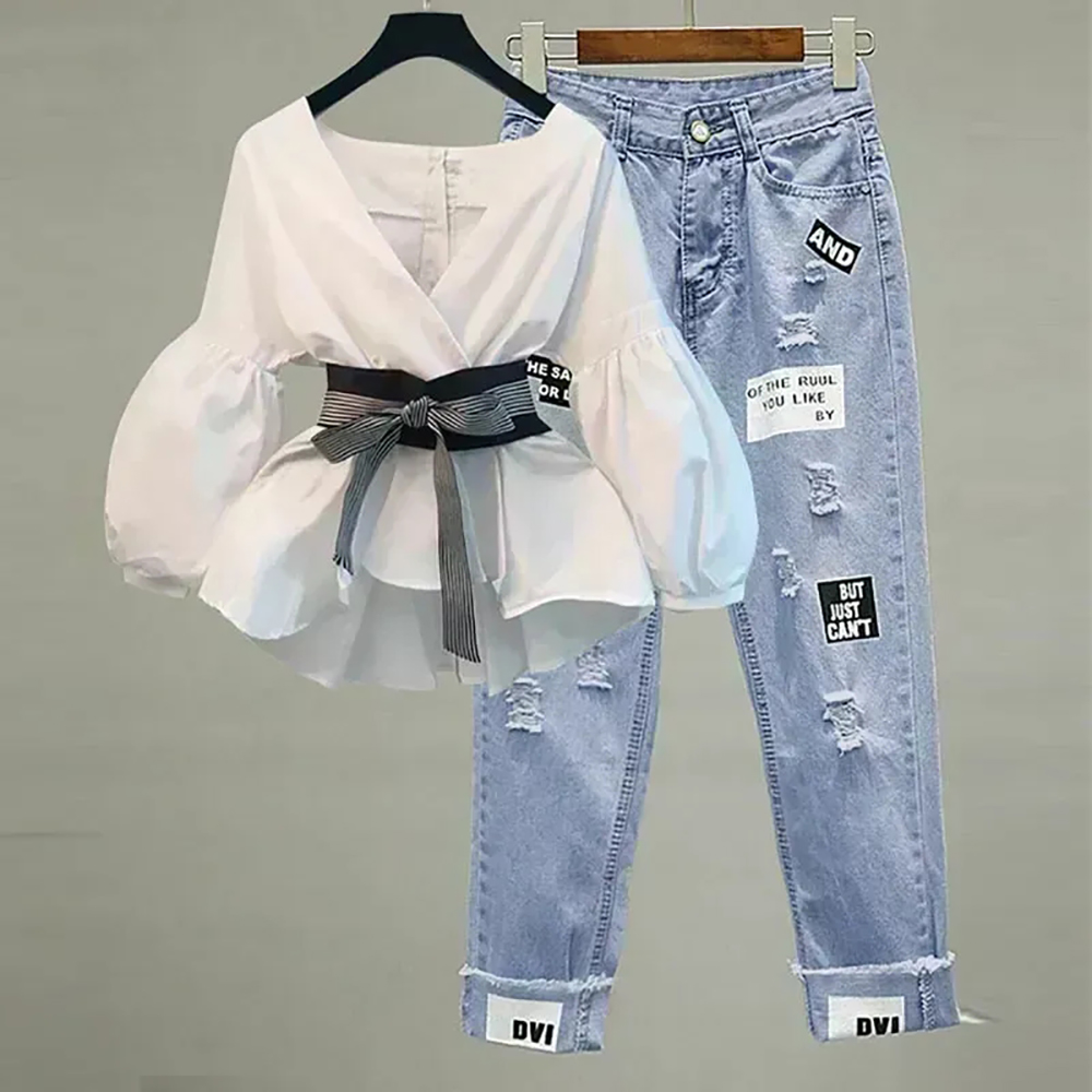 Street Fashion Korean - 女性エレガントな V ネックストライプランタンスリーブボウベルトトレンドスリムシフォンシャツトップと韓国リッピングジーンズオフィスレディカジュアルスーツ