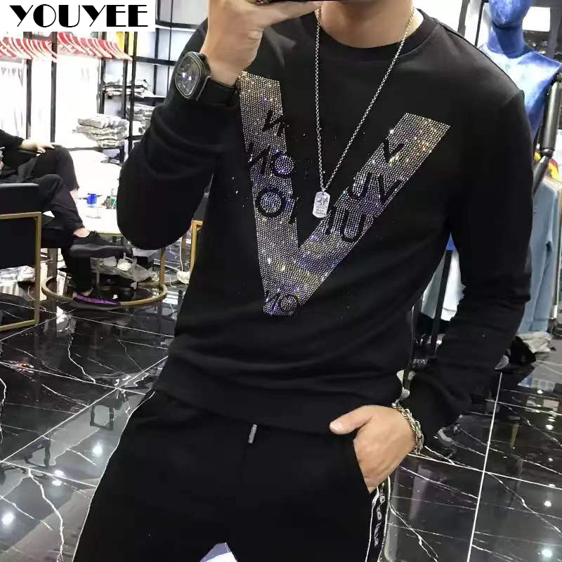 Street Fashion Elements - メンズパーカー品質 V 字型パターンラインストーンプルオーバー新しいストリートファッションスタイル豪華な暖かい長袖男性トップ服 4XL
