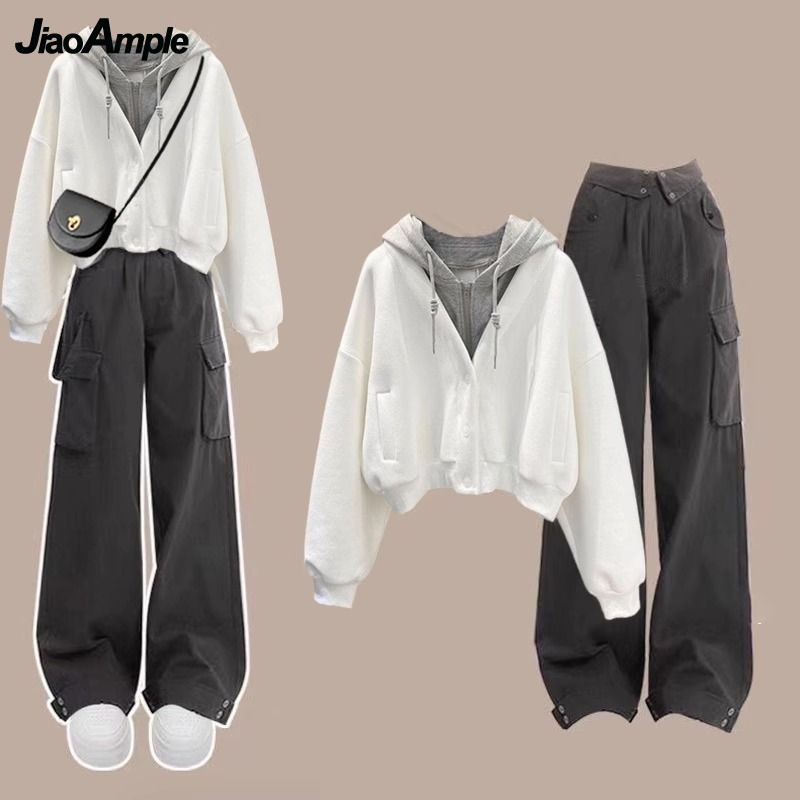 Street Fashion Korean - 女性用パーカーとカーゴパンツのセット,女の子用パンツ,マッチングトラックスーツ,韓国語,エレガント,フェイク,カジュアル,新しい,春,秋,2ピース