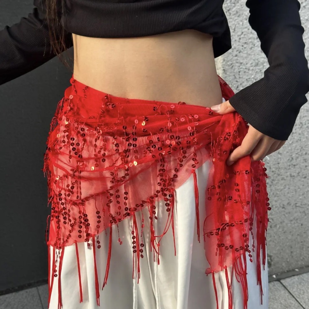 Street Fashion Thailand - ファッションスパンコールベリーダンスベルトタッセルジャズダンスダンサースカートショーコスチュームストリートダンスヒップスカーフ（タイ/インド/アラブ向け）