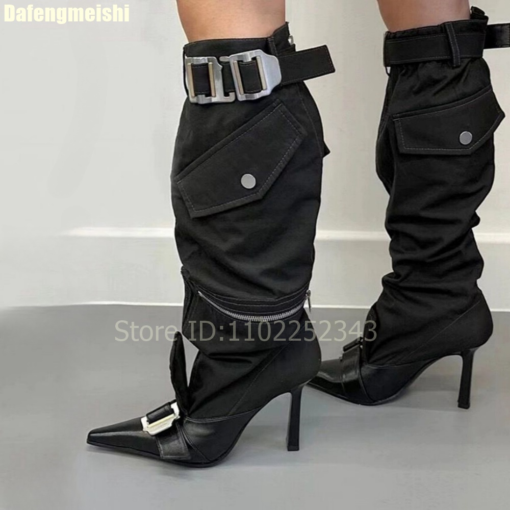 Street Fashion Rome 2026 - 2026年秋 レディース ニーハイブーツ メタルベルトバックル ポインテッドトゥ スティレットヒール