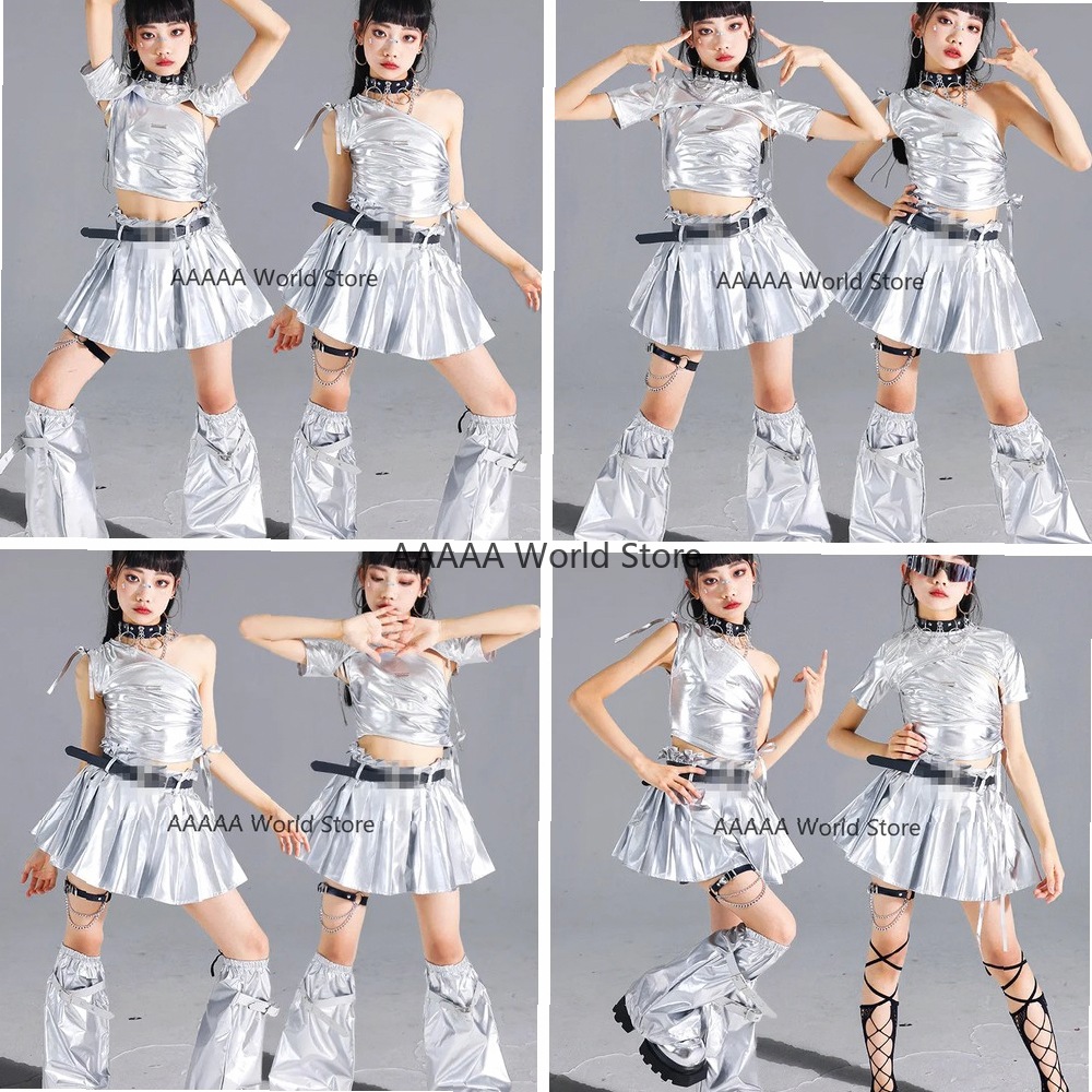 Street Fashion Europe - コスプレシルバークロップトッププリーツスカートセット女の子 Kpop ダンス衣装ジャズファッションランウェイショー衣装クールストリートウェアキッズストリート
