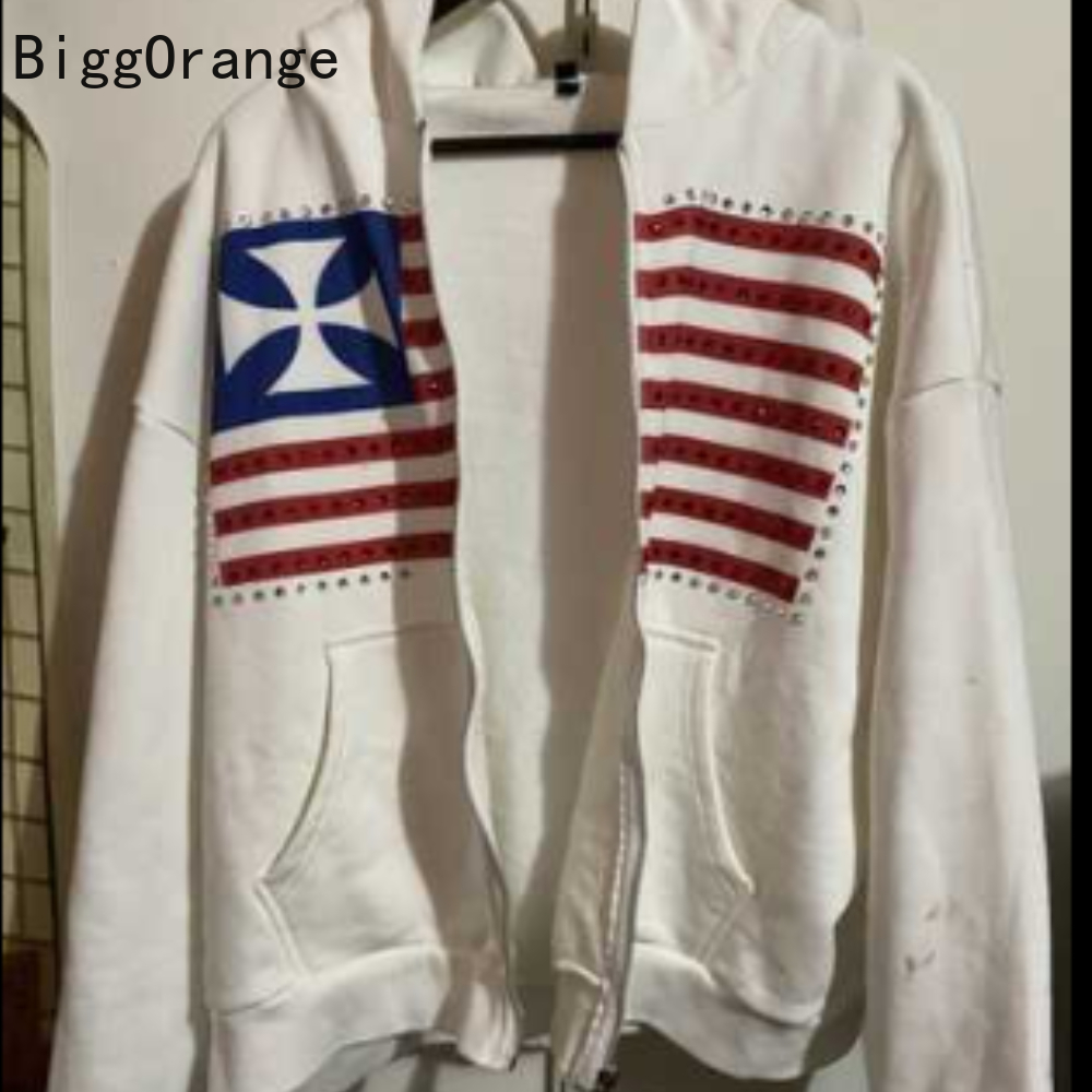 Street Fashion Elements - スウェットシャツコートラインストーン刺繍ジッパーパーカーアメリカンファッションストリート服ゴシックフラグ男性と女性の同じスウェットシャツ