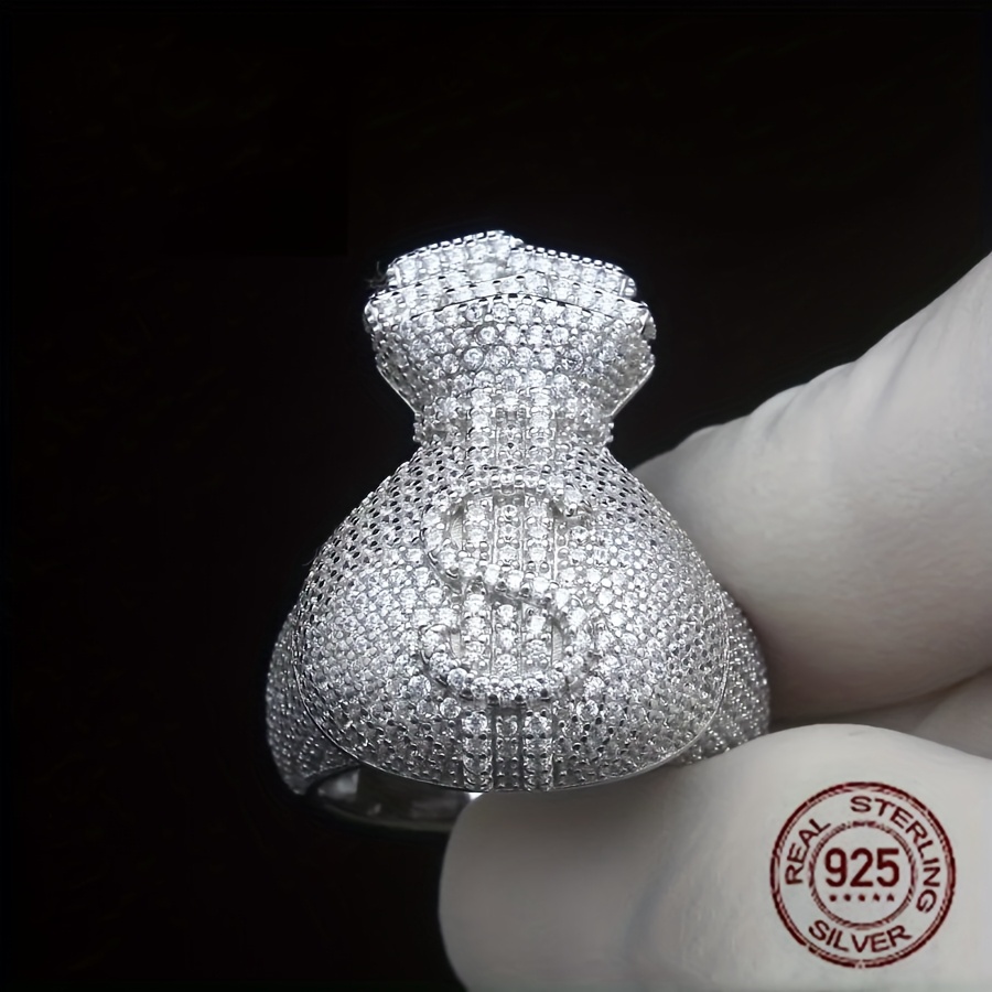 Street Fashion Rings - ユニークなメンズ 925 スターリングシルバーアイシーアウトマネーバッグバゲットリングドル記号ヒップホップリング男性ファッションジュエリー