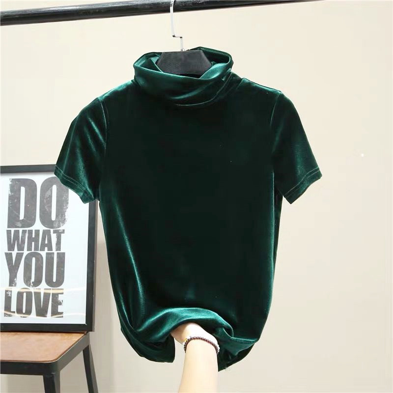 Street Fashion Korean - 韓国ファッション レディース タートルネック 半袖 ベルベットシャツ セクシー