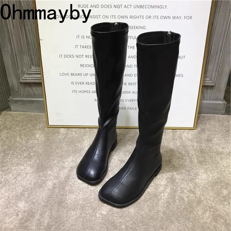 Street Fashion Korean - 女性用ニーハイブーツ,スクエアトゥシューズ,ロングブーツ,モダンフラット,ストレッチ,ストリートスタイル,エレガントなファッション