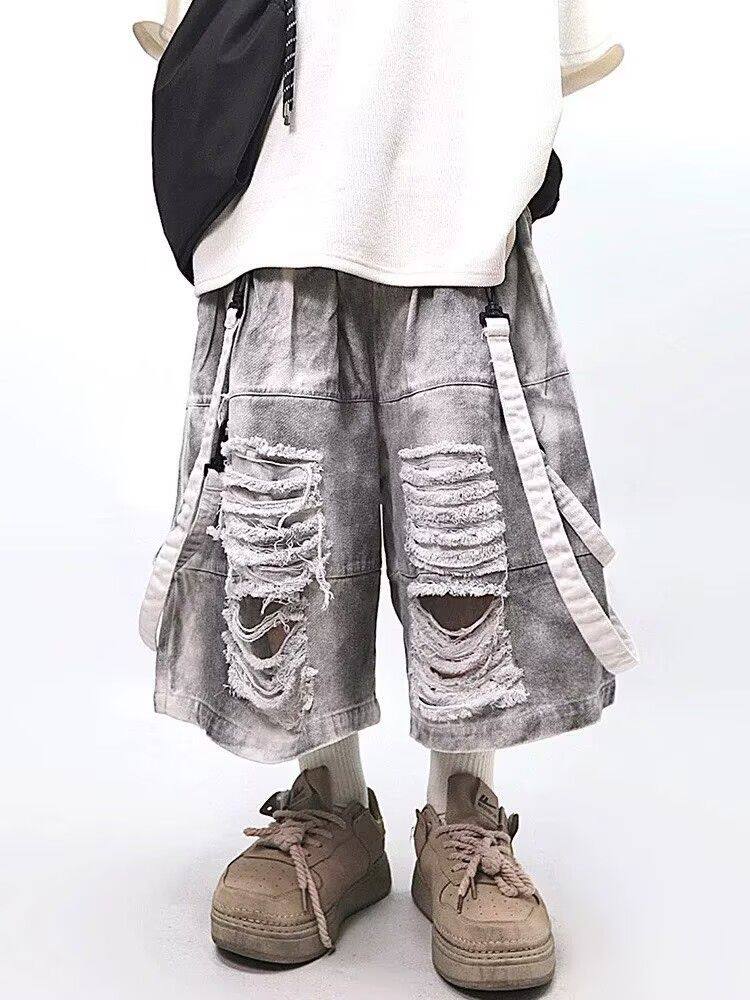 Street Fashion Style Male - レトロヒップホップメンズリップドジーンズ夏アメリカンカジュアルファッションルーズストリートスタイルウォッシュドパッチワーク男性中空アウトショーツ