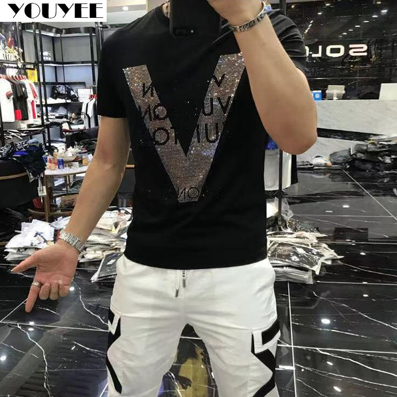 Street Fashion Style Male - 男性用デザイナーウェア,上質なコットン,V字型,ラインストーン,トップ,ストリートウェア,ファッション,ノベルティ2022