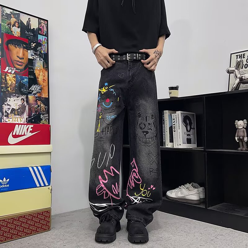 男性グラフィティストレートレッグジーンズアメリカンスタイルハ - Street Fashion Style Male のレビューと価格