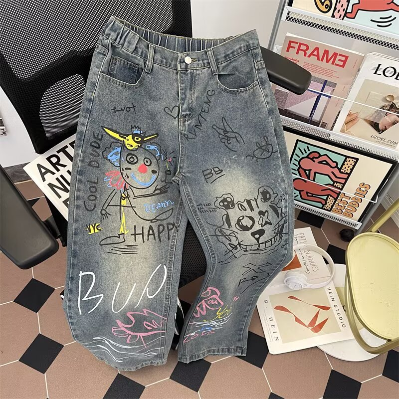 男性グラフィティストレートレッグジーンズアメリカンスタイルハ - Street Fashion Style Male のレビューと価格