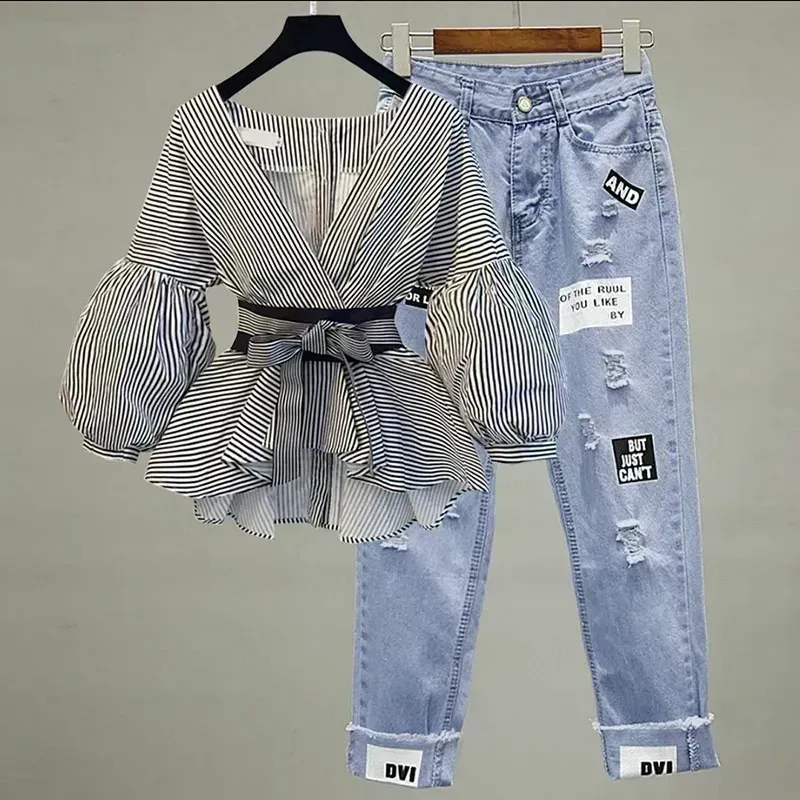 女性エレガントな V ネックストライプランタンスリーブボウベ - Street Fashion Korean のレビューと価格