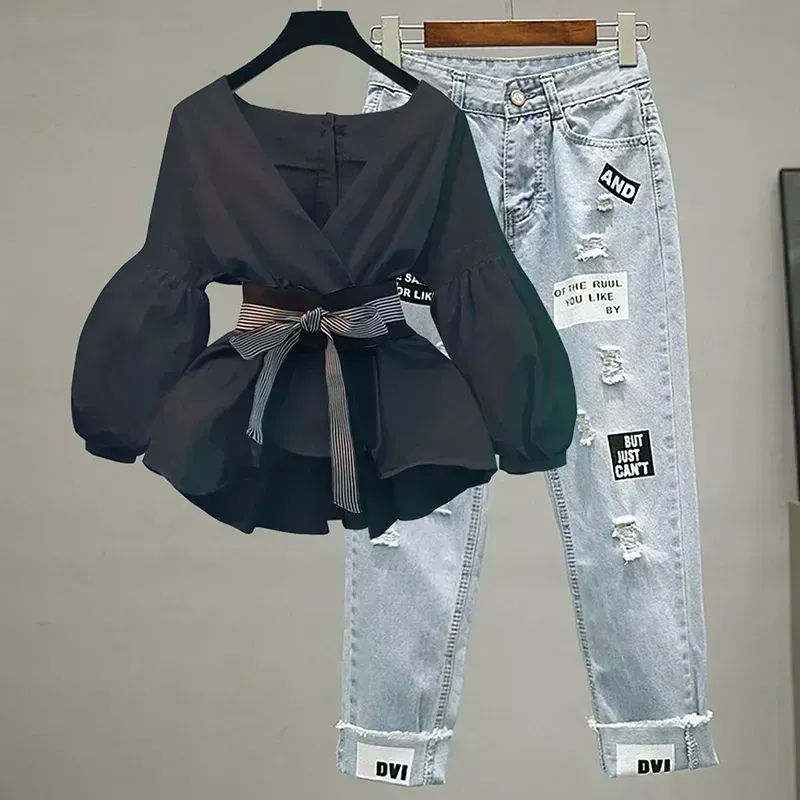 女性エレガントな V ネックストライプランタンスリーブボウベ - Street Fashion Korean のレビューと価格