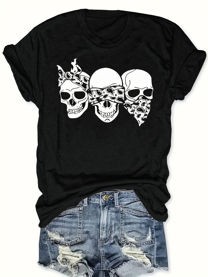 ハッピーカートゥーンスカルTシャツ、ルーズフィット、ラウンド - Street Fashion Style Male のレビューと価格
