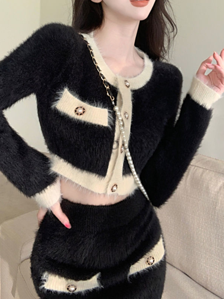 冬ふわふわニット 2 点セット女性パッチワークフレンチヴィン - Street Fashion Korean のレビューと価格