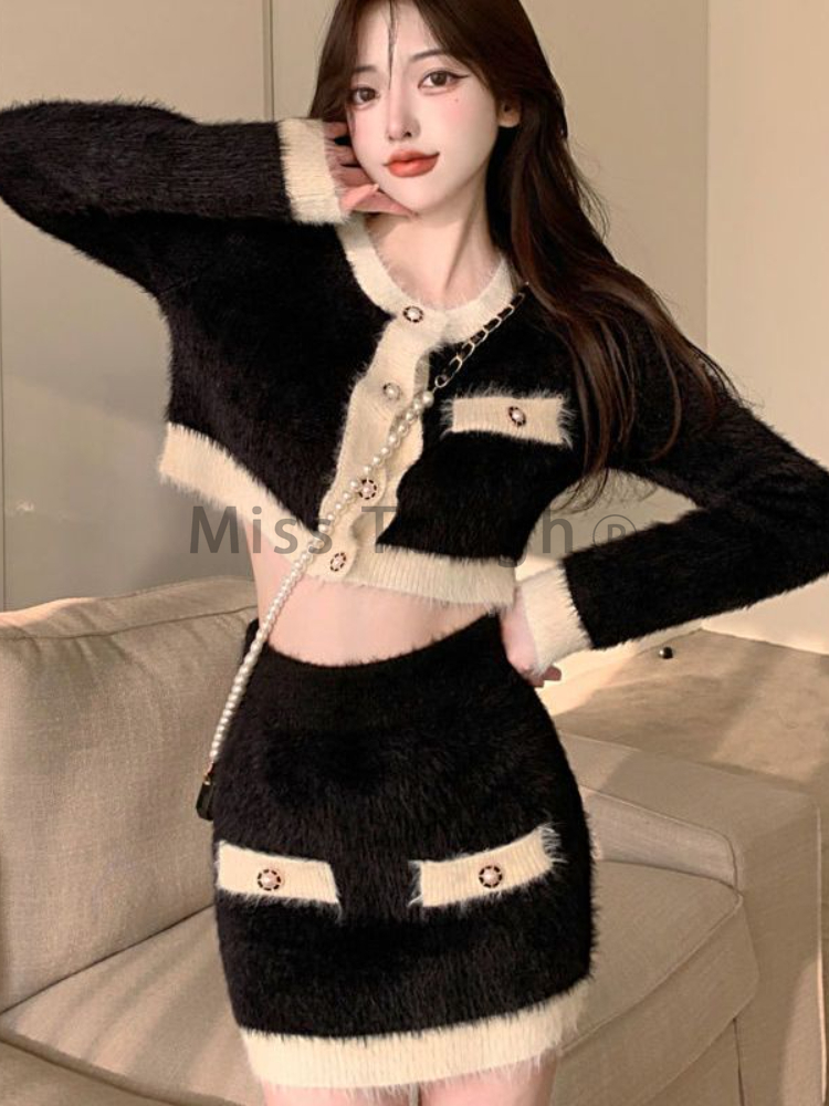 冬ふわふわニット 2 点セット女性パッチワークフレンチヴィン - Street Fashion Korean のレビューと価格