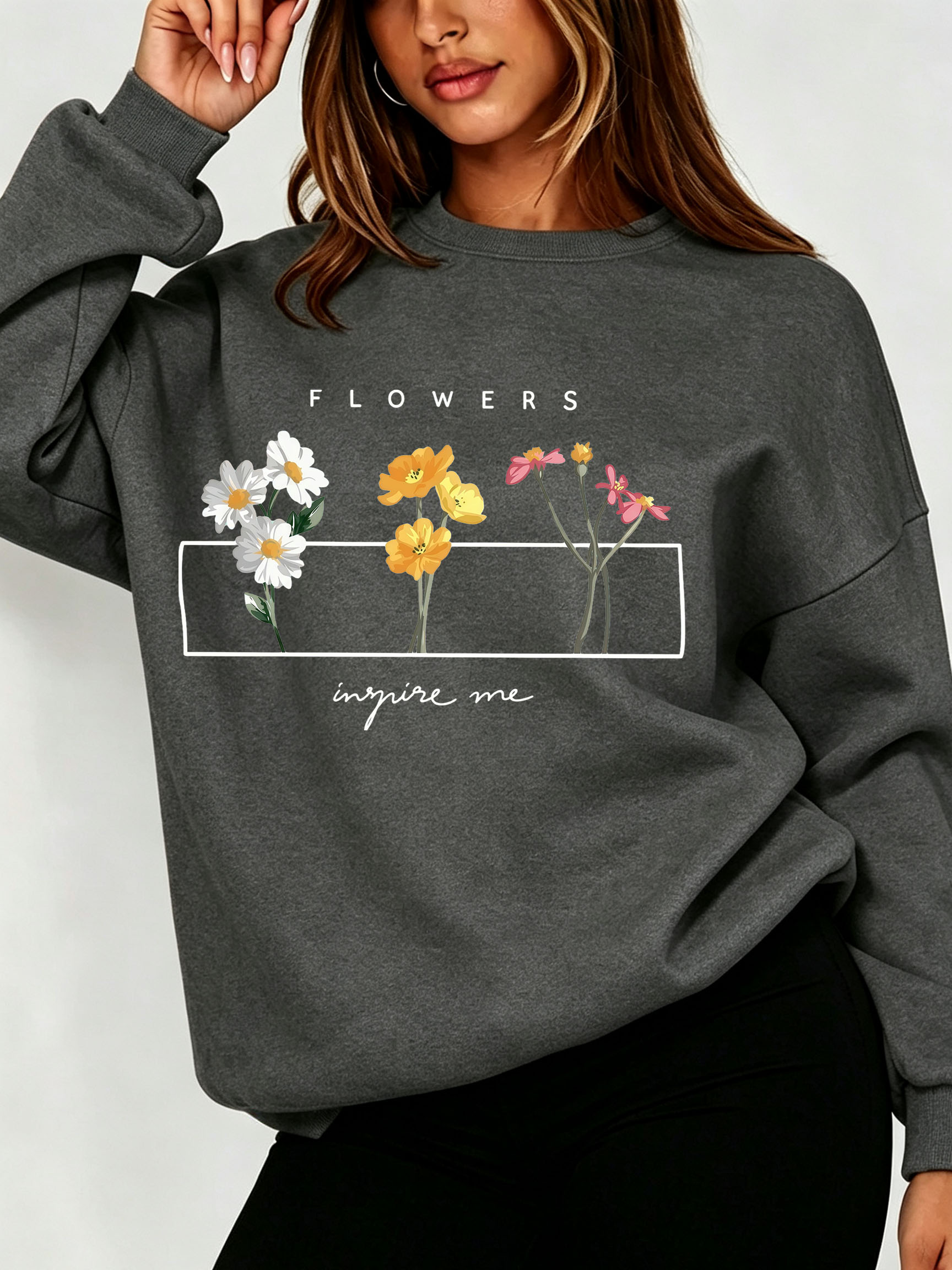 女性デイジー花柄スウェットシャツミニマルワイルドフラワーレタ - Oversized Crewneck Fleece のレビューと価格