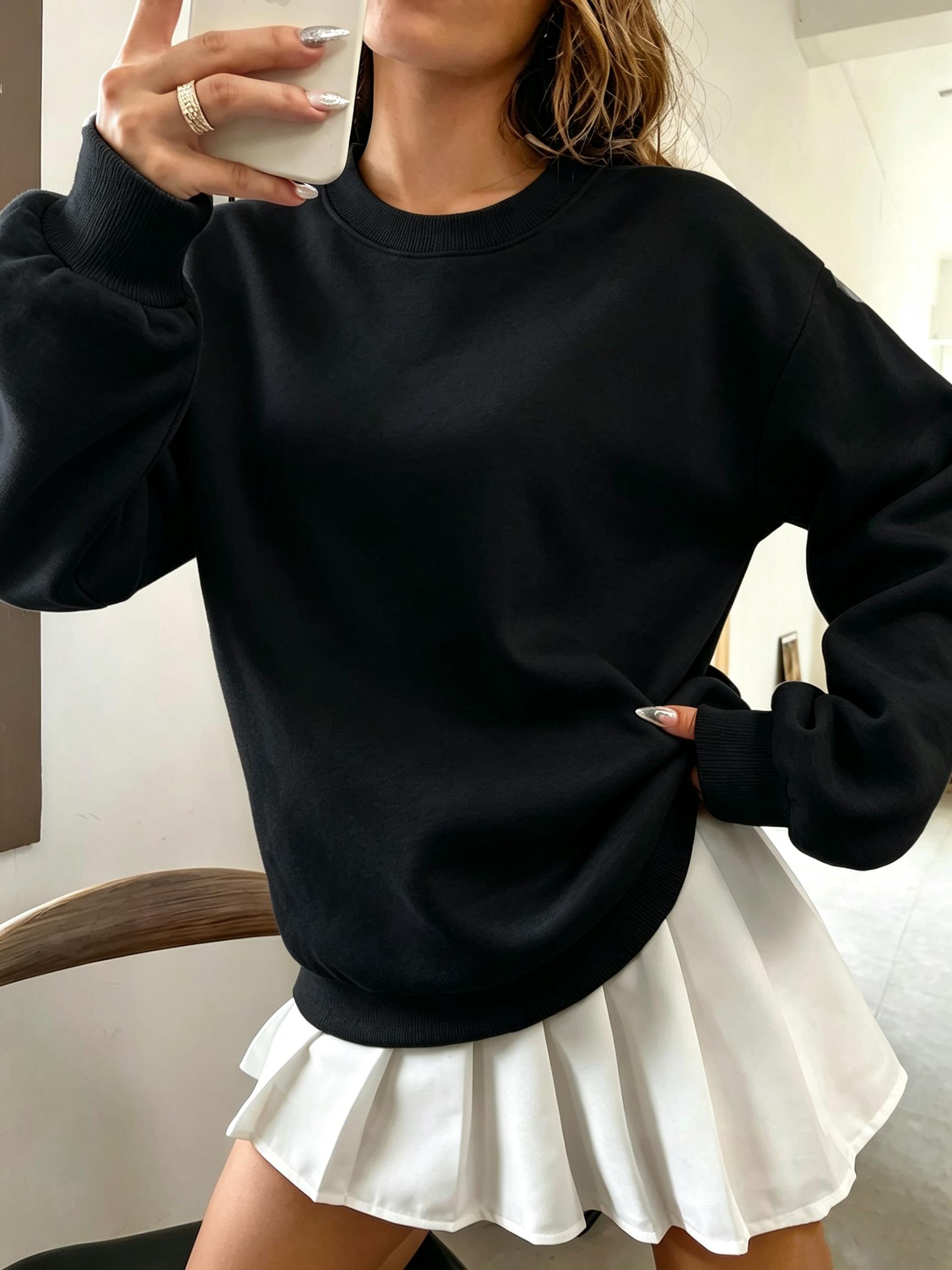 韓国風オーバーサイズ無地レディースストリートウェアクルーネッ - Oversized Crewneck Fleece のレビューと価格