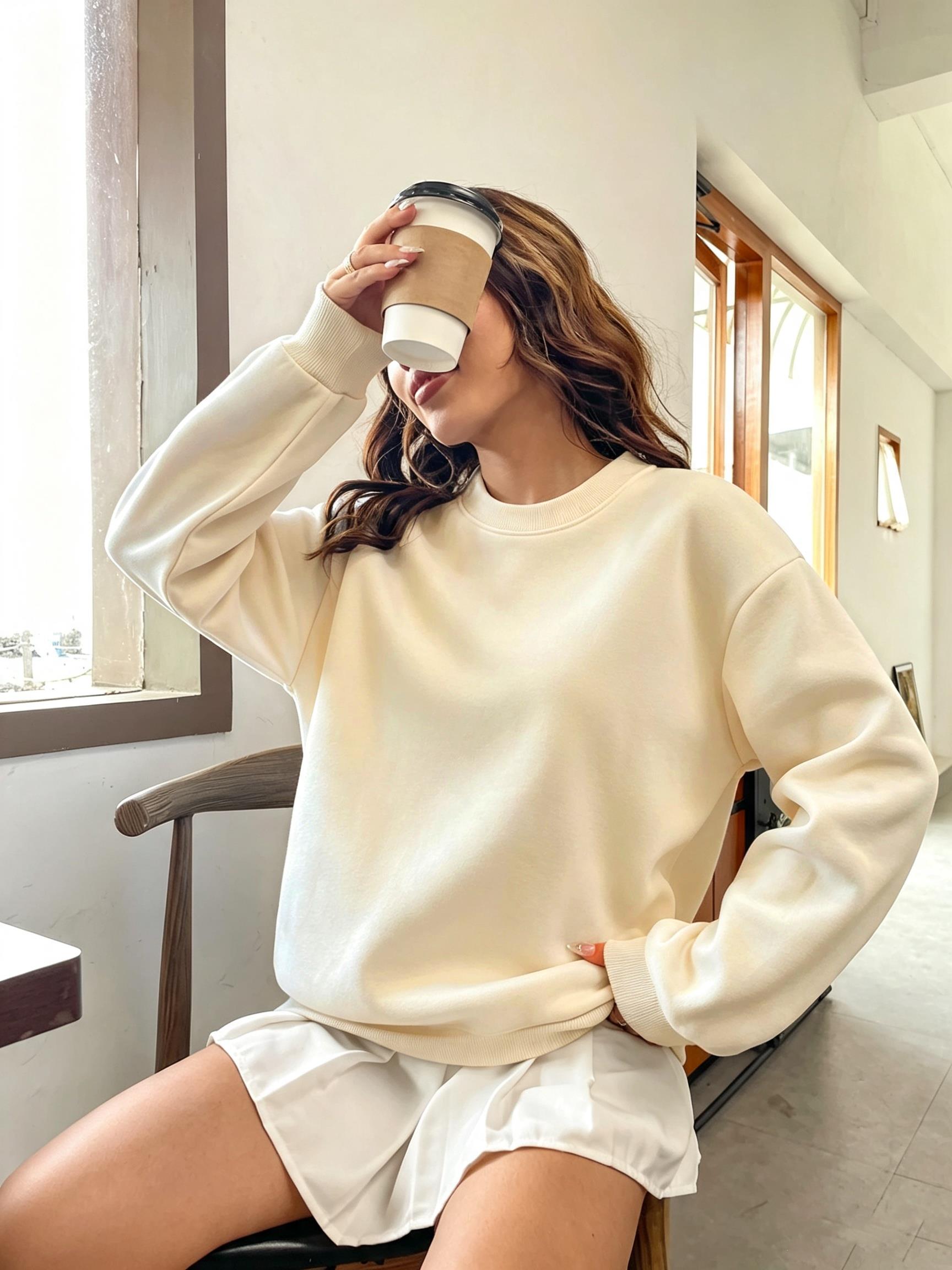 韓国風オーバーサイズ無地レディースストリートウェアクルーネッ - Oversized Crewneck Fleece のレビューと価格