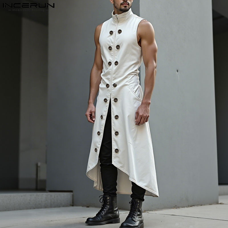 INCERUN 男性ロングスタイルベスト無地ダブルブレストカ - Street Fashion Style Male のレビューと価格