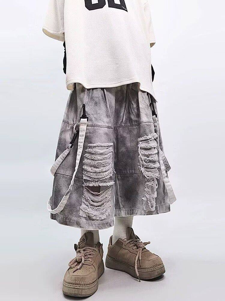 レトロヒップホップメンズリップドジーンズ夏アメリカンカジュア - Street Fashion Style Male のレビューと価格