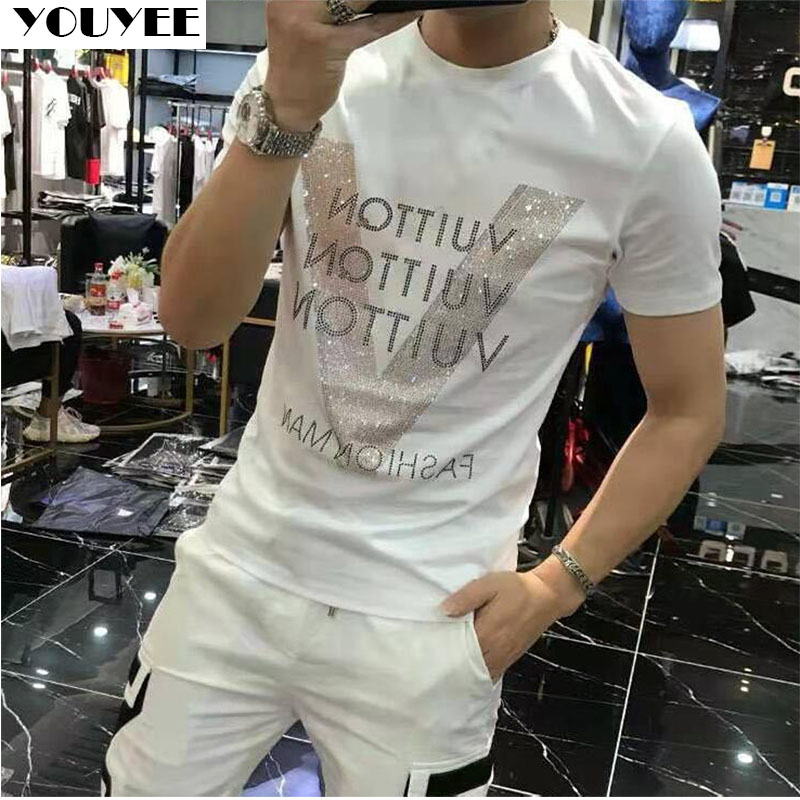 男性用デザイナーウェア,上質なコットン,V字型,ラインストー - Street Fashion Style Male のレビューと価格