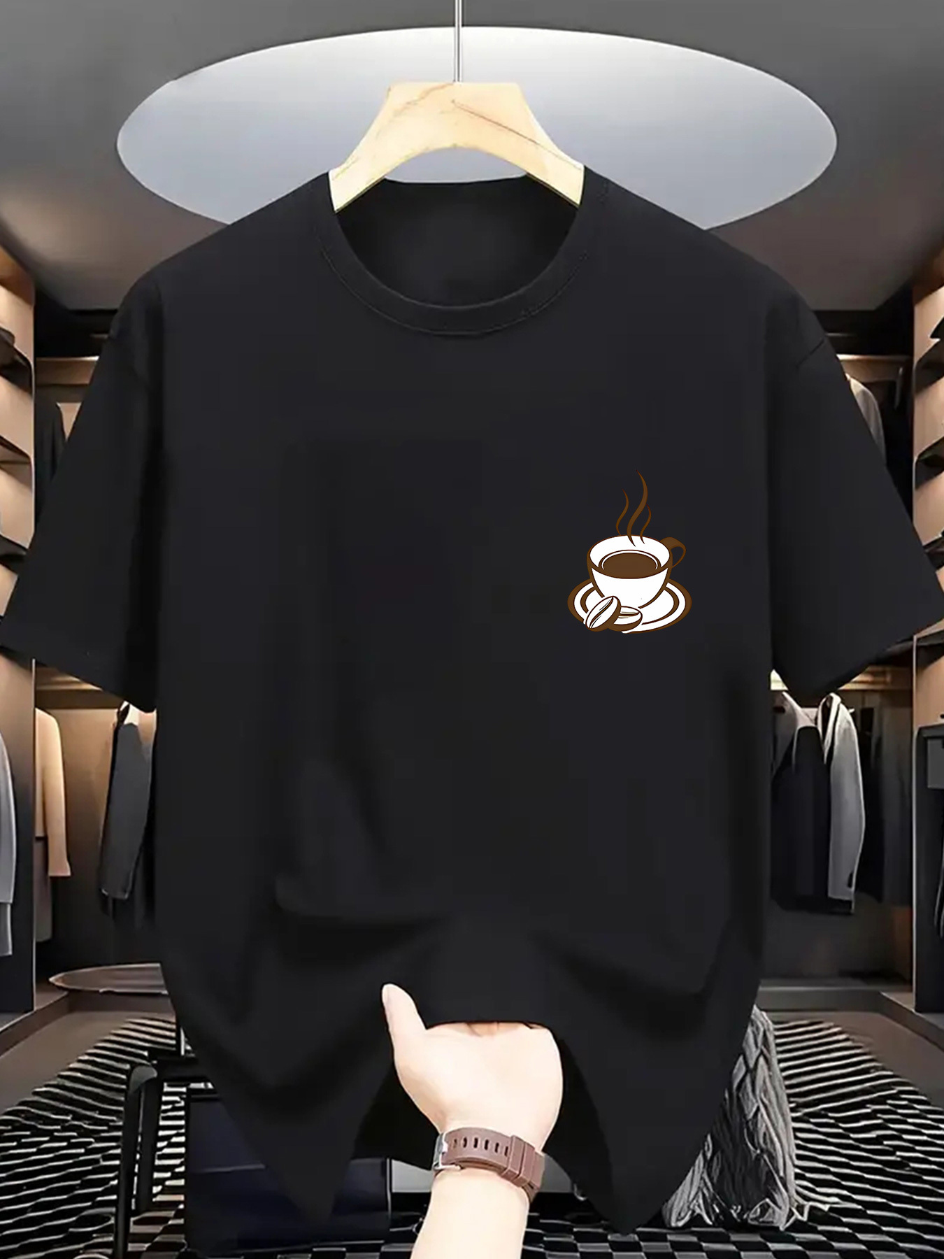 胸コーヒーカッププリント男性半袖 Tシャツシンプルなコーヒー - Street Fashion Style Male のレビューと価格